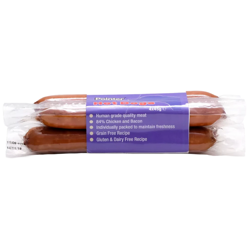 Pointer Hot Dog Chews - 4 Pack, grain-free dog treats made with 84% chicken and bacon, gluten and dairy free, individually packed for freshness.