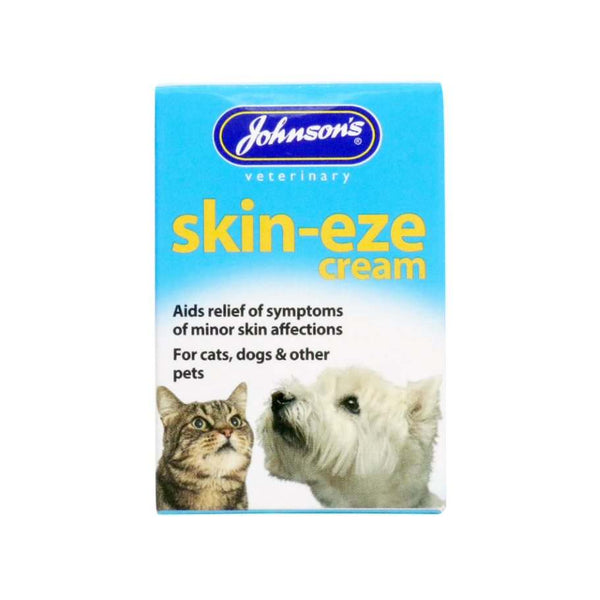 Skin-eze Cream for cats, dogs, and small animals in a 50g tub packaging.