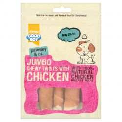 Good Boy Jumbo Chewy Twists with Chicken in a resealable bag.