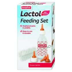 Beaphar Lactol Feeding Set for puppies, kittens, and small pets, includes bottle, teats, and brush.
