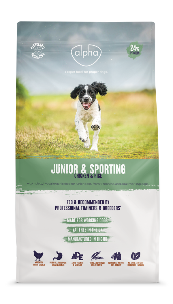 Alpha Adult Junior & Sporting 15kg Dry Dog Food bag with running dog, hypoallergenic chicken and rice formula for junior and adult working dogs.