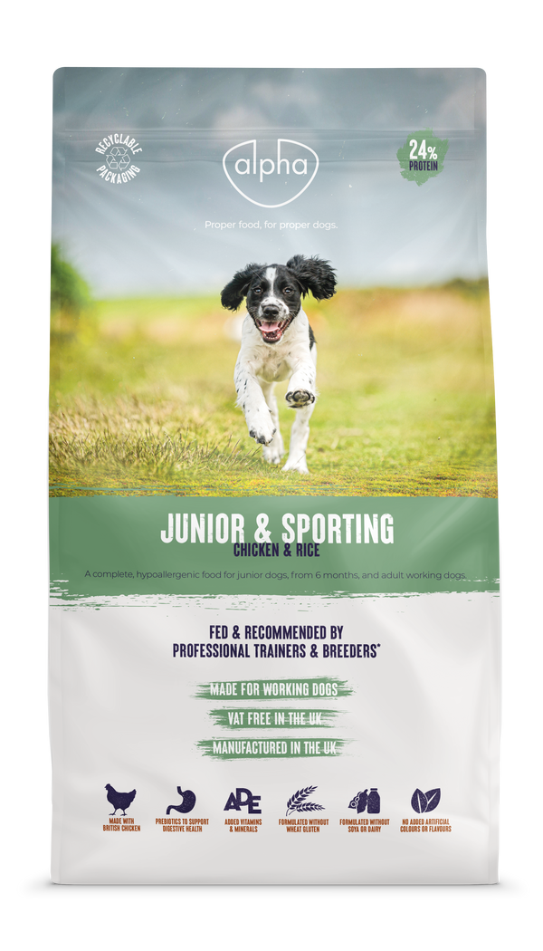 Alpha Adult, Junior & Sporting 15Kg Dry Dog Food bag front