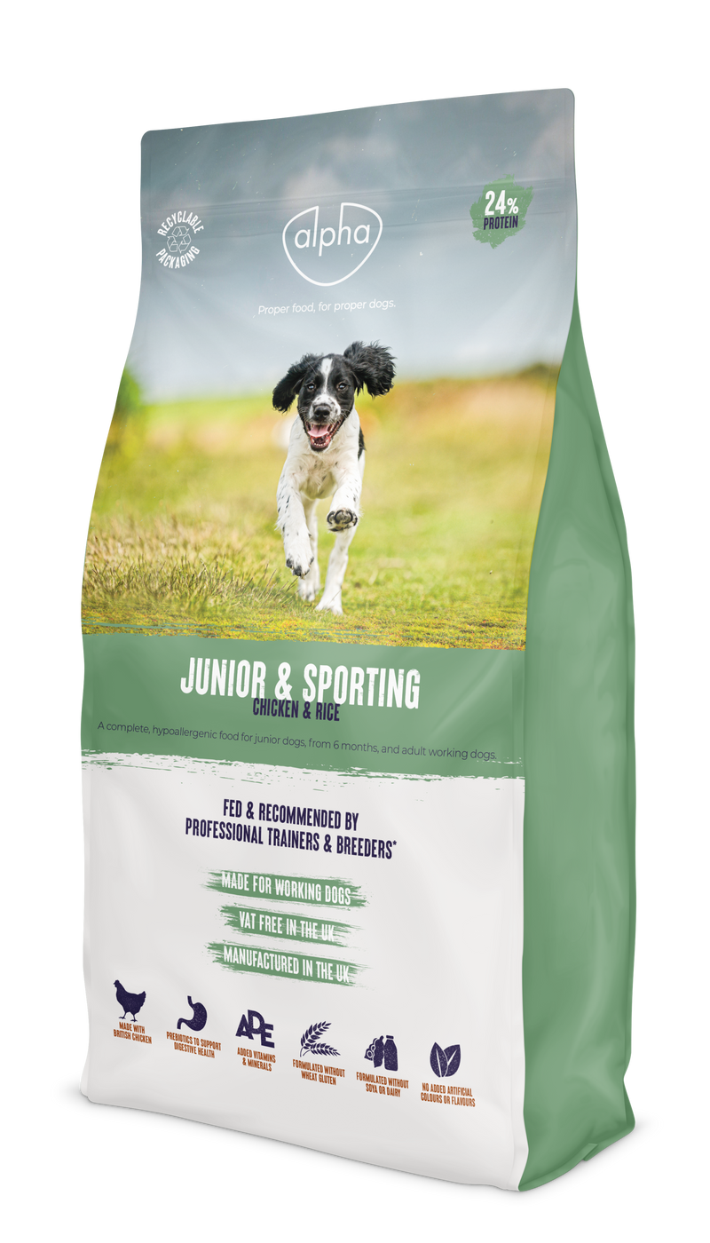 Alpha Adult, Junior & Sporting 15kg Dry Dog Food packaging with a playful dog image.