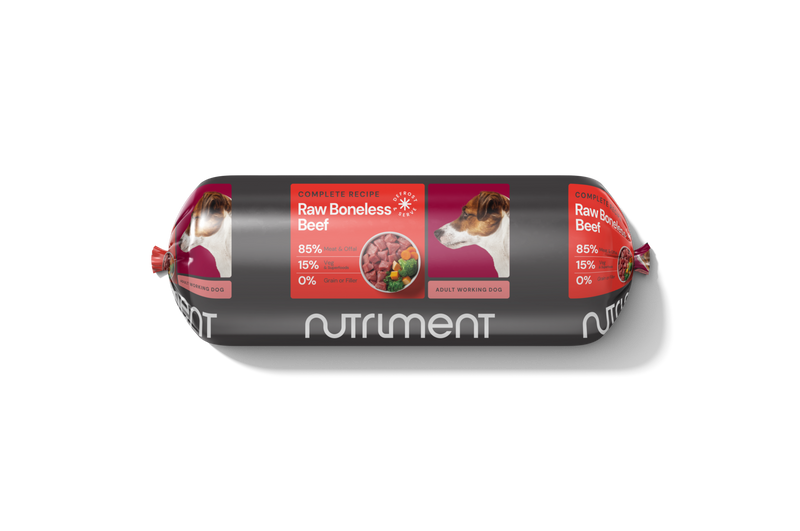 Nutriment Raw Boneless Beef Formula Dog Food packaging, complete recipe for adult dogs.