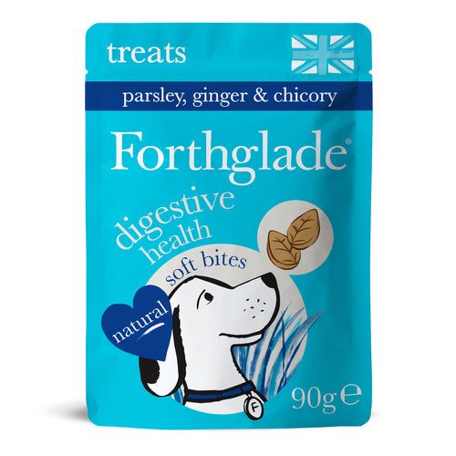 Forthglade Digestive Health Soft Bites 90g grain-free dog treats in resealable bag with natural ingredients.