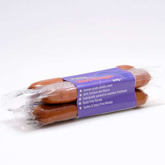 Pointer Hot Dog Chews 4 Pack in sealed packaging, grain-free, chicken and bacon flavor.