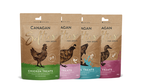 Canagan Softies Dog Treats 200g pack, variety of flavors including chicken, duck, salmon, and quail, enriched with collagen for skin and coat health.