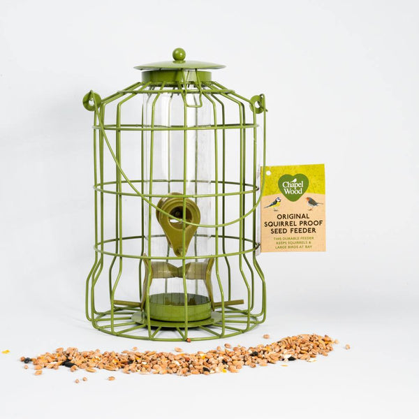 Chapelwood Original Squirrel Proof Seed Feeder with green powder-coated steel cage and protective design.