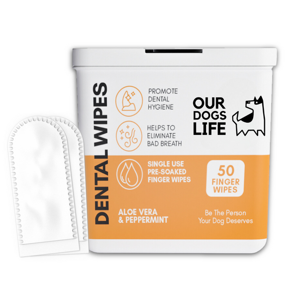 Dog dental wipes with finger-shaped design for easy oral hygiene, containing aloe vera and peppermint for fresh breath; 50 wipes per pack.