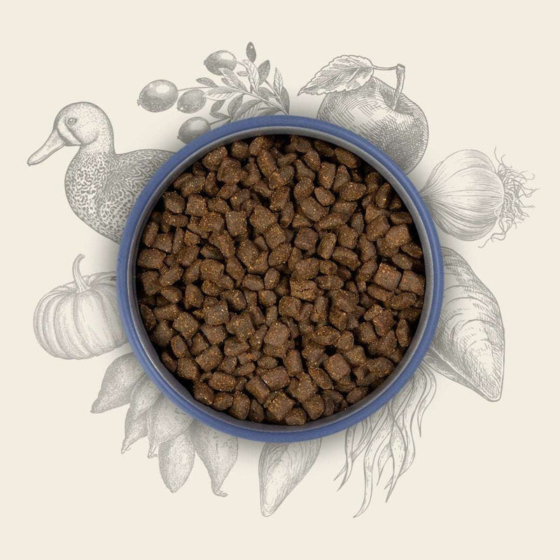 Eden Duck and Tripe Semi Moist Dog Food in bowl with duck and vegetable illustrations.