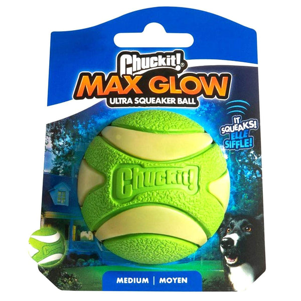 Chuckit Max Glow Ultra Medium Squeaker Ball with glow-in-the-dark feature for fetching fun.