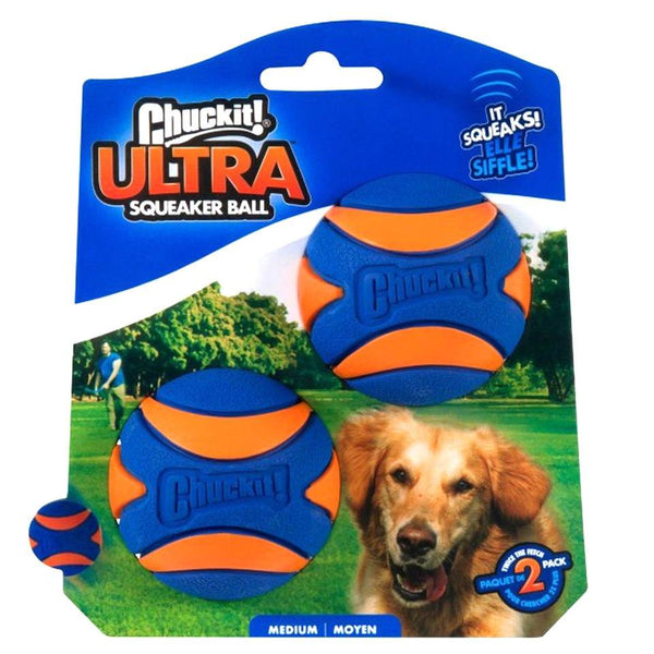 Chuckit! Ultra Squeak Medium Dog Balls Twin Pack with Built-in Squeaker for Exciting Fetch Games.