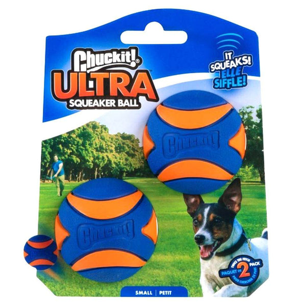Chuckit Ultra Squeaker Ball Small Twin Pack for fetch, high bounce, durable, bright orange and blue.