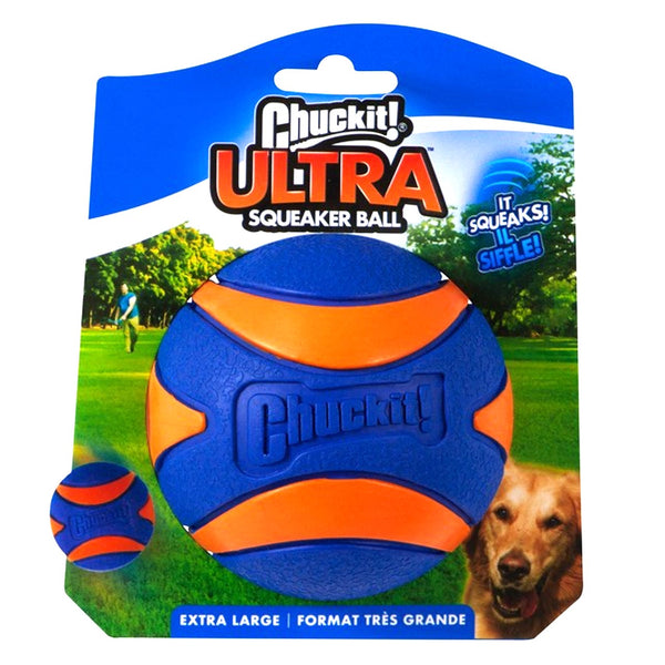 Chuckit! Ultra Squeaker XLarge Dog Balls in packaging with orange and blue design ideal for energetic fetch play.