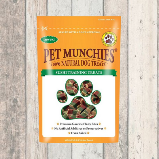 Pet Munchies Sushi Dog Training Treats resealable bag with natural low-fat chicken and fish bites