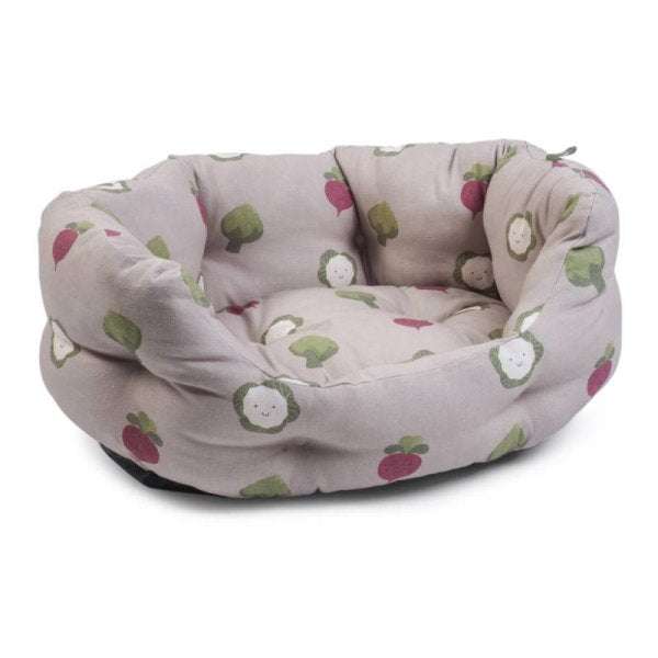 Veggie Oval Dog Bed with sheep design and high sides for comfort.