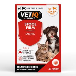 VetIQ Stool Firm Loose Stool Aid Tablets for Dogs 45 Pack assists intestinal health.