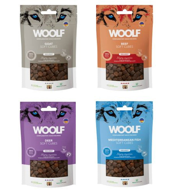 WOOLF Soft Cubes dog snacks in assorted protein options packaging.