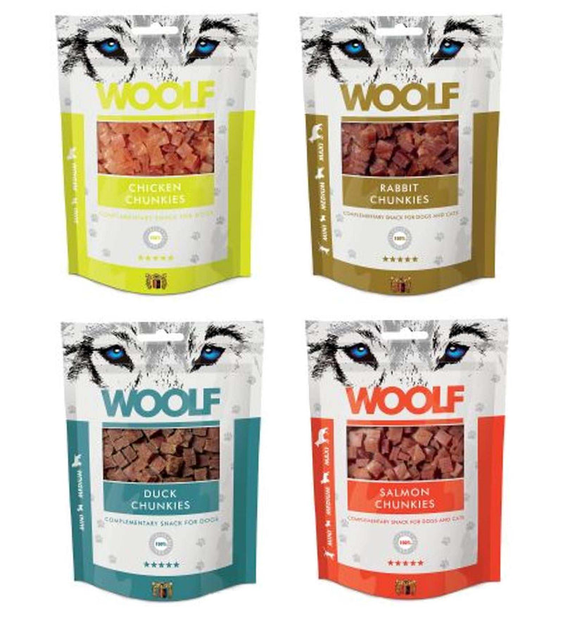 WOOLF Chunkies dog snacks in assorted flavors, natural ingredients, high meat content.