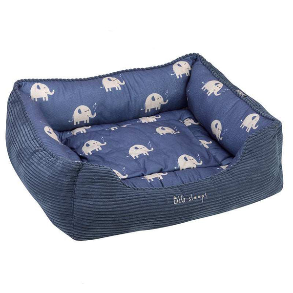 Large Zoon Jumbo Square Dog Bed with navy blue jumbo elephant pattern, soft reversible cushion, and sturdy deep-fill fibre sides