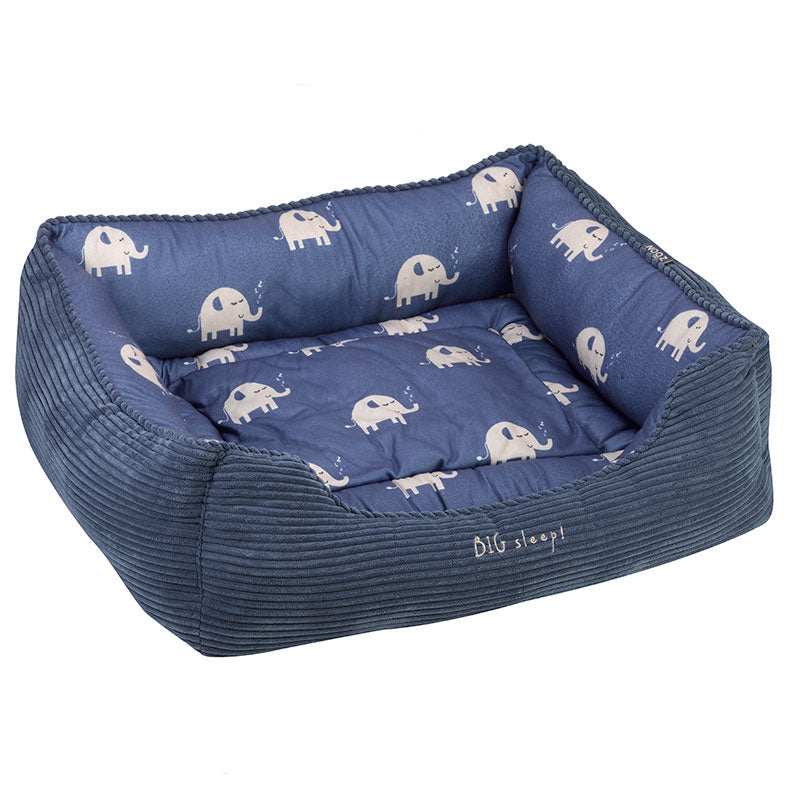 Large Zoon Jumbo Square Dog Bed with navy blue jumbo elephant pattern, soft reversible cushion, and sturdy deep-fill fibre sides