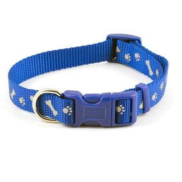 Ancol Fashion Collar blue adjustable dog collar with bone and paw prints, nylon snap buckle, 20-30cm