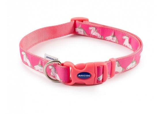 Ancol Fashion Collar pink adjustable dog collar with unicorn design and snap-buckle fastening