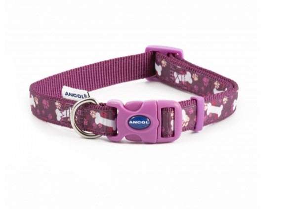 Ancol Fashion Collar Purple Bone Adjustable 20 - 30cm Dog Collar - Ancol5016646320889