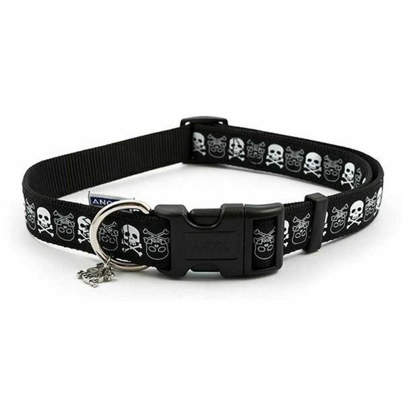 Ancol Fashion Collar adjustable black dog collar with skull and crossbones design, nylon, snap-buckle fastening, 20-30cm.