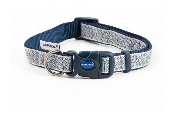 Ancol Fashion Geometric Design blue silver nylon dog collar with adjustable snap-buckle fastening