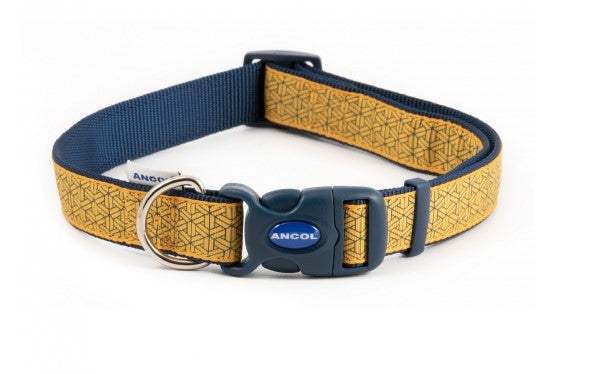 Ancol Fashion Geometric Design yellow gold adjustable dog collar with nylon base and snap-buckle fastening