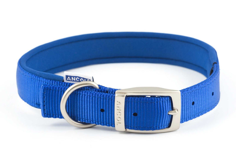 Ancol padded nylon adjustable dog collar in blue with silver buckle and D-ring