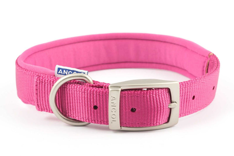 Ancol padded nylon adjustable dog collar in pink with satin-finish buckle and D-ring
