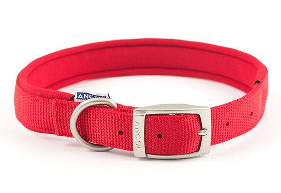 Ancol padded nylon adjustable dog collar in red with metal buckle and D-ring
