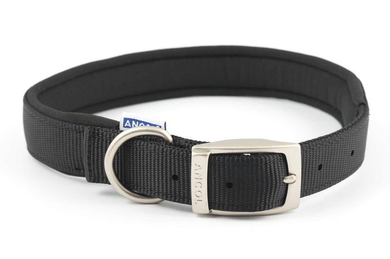 Ancol padded nylon adjustable black dog collar with satin buckle and D-ring