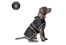 Dog wearing Ancol Stormguard Black Waterproof Dog Coat with reflective edging and chest protector strap