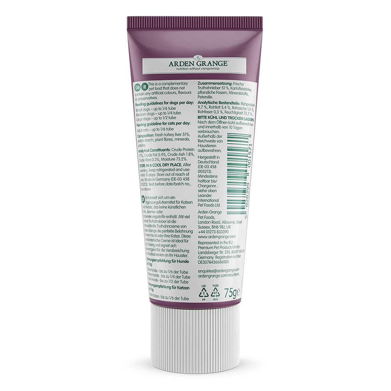 Arden Grange Tasty Turkey Treats tube with nutritional and usage information for cats and dogs