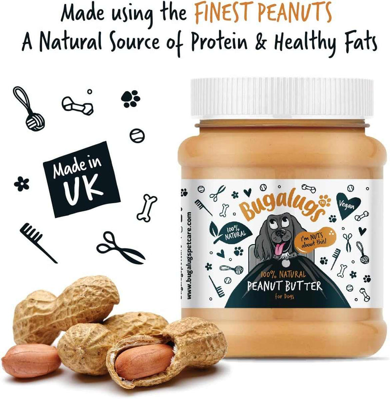 Bugalugs Peanut Butter for Dogs 100% natural roasted peanut dog treat jar with peanuts and healthy fats