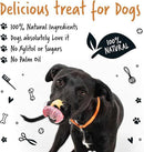 Black dog licking Bugalugs Peanut Butter for Dogs natural treat without xylitol or palm oil.