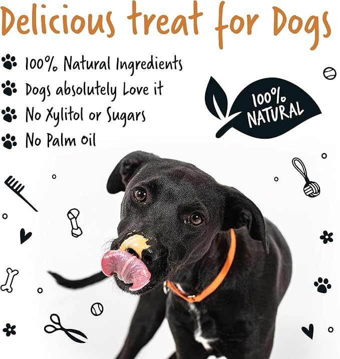 Black dog licking Bugalugs Peanut Butter for Dogs natural treat without xylitol or palm oil.