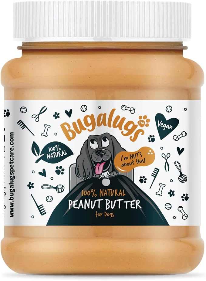 Bugalugs Peanut Butter for Dogs 100% natural roasted peanut dog treat jar with cartoon dog label