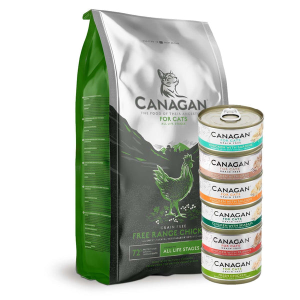Canagan Free Run Chicken grain-free cat kibble with seafood variety tins bundle