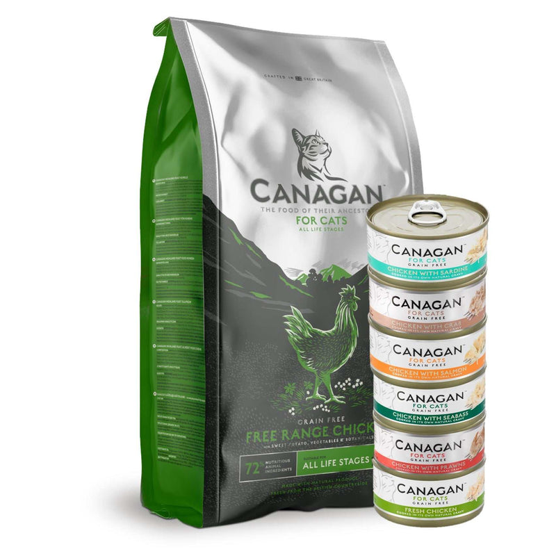 Canagan Free Run Chicken grain-free cat kibble with seafood variety tins bundle