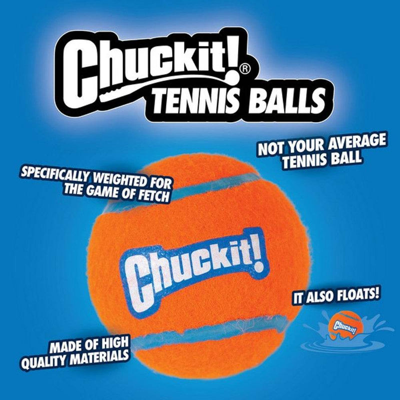 Chuckit Tennis Balls medium size twin pack, durable fetch toy for dogs, bright orange high-visibility balls, floats on water, extra-thick rubber core.