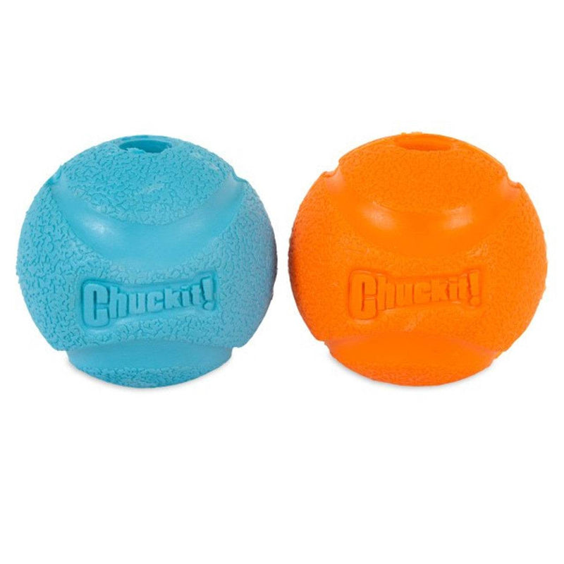 Chuckit Fetch Ball medium twin pack in blue and orange, high-bounce rubber dog toys compatible with Chuckit launchers