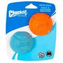 Twin pack medium Chuckit Fetch Balls in orange and blue, high-bounce natural rubber dog toys compatible with Chuckit Launchers