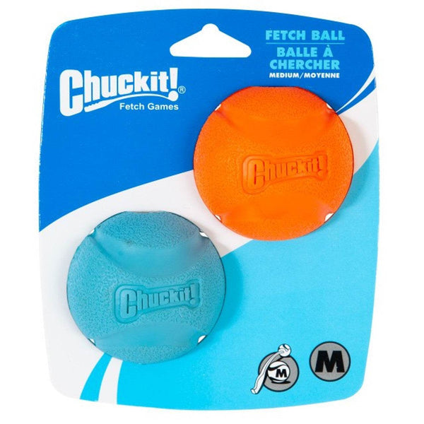Twin pack medium Chuckit Fetch Balls in orange and blue, high-bounce natural rubber dog toys compatible with Chuckit Launchers