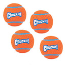 Chuckit 4 Pack Medium Dog Tennis Balls in bright orange with blue stripes, durable natural rubber, no squeak