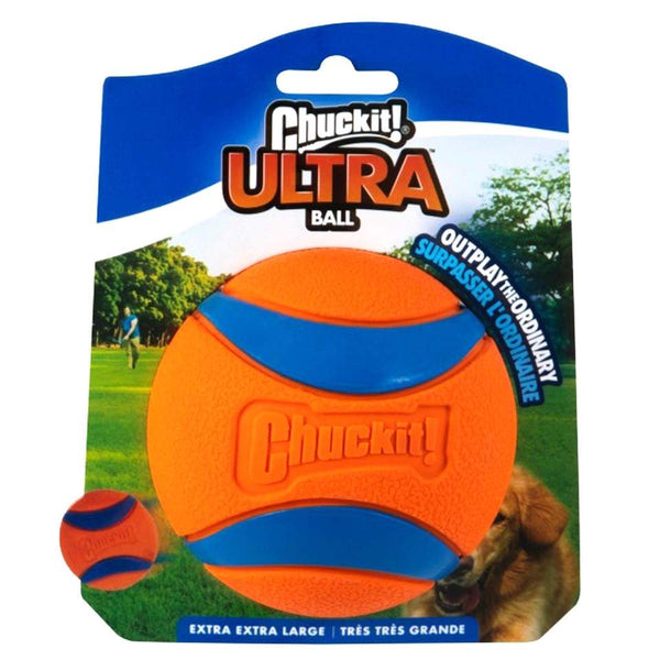 Chuckit Ultra Ball extra extra large orange and blue durable dog fetch toy with high bounce and float features