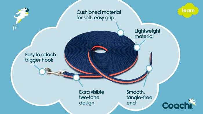 Coachi Waterproof Long Training Line 10m with cushioned grip, lightweight, two-tone design, tangle-free end, and easy attach hook for dog training